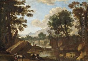 An Italianate Wooded River Landscape With A Drover And His Cattle On A Track by Herman Van Swanevelt