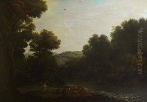 Shepherds And Shepherdesses 
Grazing Their Sheep In An Italianate Landscape, A Village On The Horizon