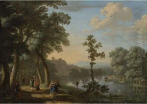 An Italianate River Landscape
With Figures Along A Path, Afisherman And Cattle Watering On The
Opposite Bank by Herman Van Swanevelt