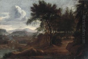 A Wooded River Landscape With A Castellated Bridge And A Hill-topvillage Beyond by Herman Van Swanevelt