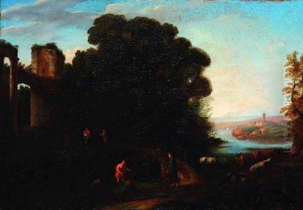 Paysage Italien
Avec Ruines Et Troupeau Au Bord Du Ruisseau - view 1