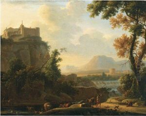 A Southern Landscape With 
Peasants And Their Cattle Crossing Astream, A Hill Town Above And A 
Waterfall Beyond