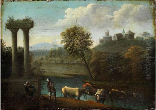 Sudliche Ideallandschaft Mit Romischemsaulenpaar, Flusslauf Und Hirten - view 1