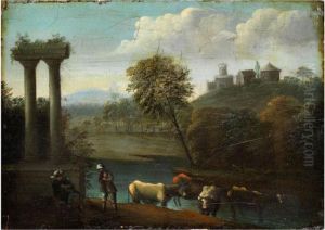 Sudliche Ideallandschaft Mit Romischemsaulenpaar, Flusslauf Und Hirten by Herman Van Swanevelt