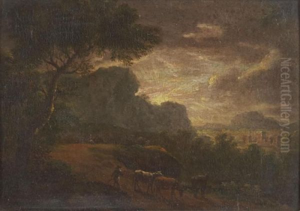 A Shepherd And Flock On A Wooded Country Path By Moonlight - view 1