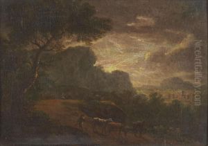 A Shepherd And Flock On A Wooded Country Path By Moonlight