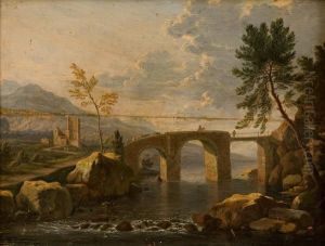Paesaggio Fluviale Con Viandanti Che Attraversano Un Ponte Paesaggio Fluviale Con Viandanti Che Attraversano Un Ponte