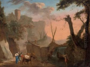A Mountainous River Landscape With Herdsmen Watering Their Cattle by Herman Van Swanevelt