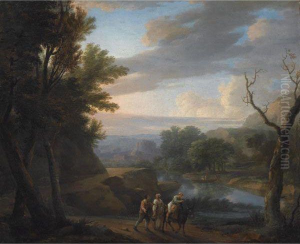An Italianate Wooded Landscape With Travellers On A Path Along The Riverside - view 1
