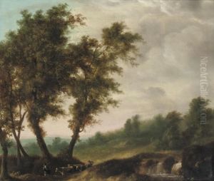 Peasants With Their Cattle In A Wooded River Landscape by Herman Van Swanevelt