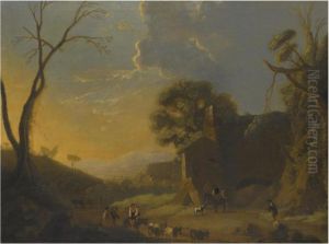 An Extensive Italianate
Landscape With Travellers And Goat Herdersresting In The Foreground by Herman Van Swanevelt