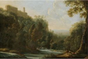 Italian Landscape With Two Fishermen, The Falls Of Tivoli Beyond by Herman Van Swanevelt