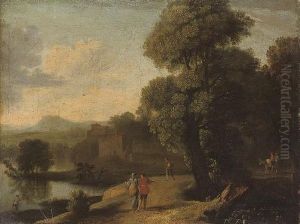 A Wooded River Landscape With Figures On A Track, A Town Beyond by Herman Van Swanevelt