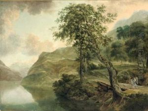 A Mountainous Wooded Landscape With Tobias And The Angel On A Wooden Bridge Near A Lake