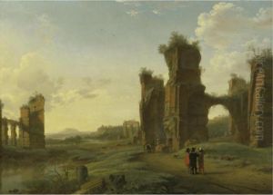 An Italianate Landscape With Three Figures Surveying The Land by Herman Van Swanevelt