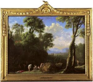A Wooded Lake Landscape With Diana And Her Nymphs Bathing by Herman Van Swanevelt