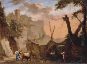 A Montainous River Landscape With Herdsmen Watering Their Cattle