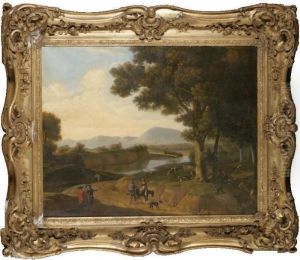 An Italianate River Landscape
With Figures On A Road, A Shepherd Resting With His Flock Beyond by Herman Van Swanevelt
