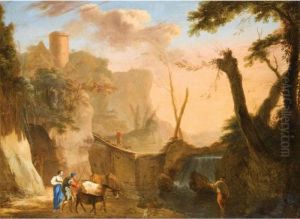 Italianate Landscape With Figures Cattle And Sheep Crossing A Dam