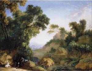 A Huntsman And His Hounds At Rest In An Extensive Mountainous Landscape by Herman Van Swanevelt