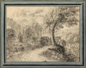 A Mountainous Landscape With A Tree In The Foreground by Herman Van Swanevelt