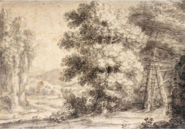 Wooded Landscape With Figures By A Stream, Under Towering Rocks - view 1