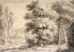 Wooded Landscape With Figures By A Stream, Under Towering Rocks by Herman Van Swanevelt
