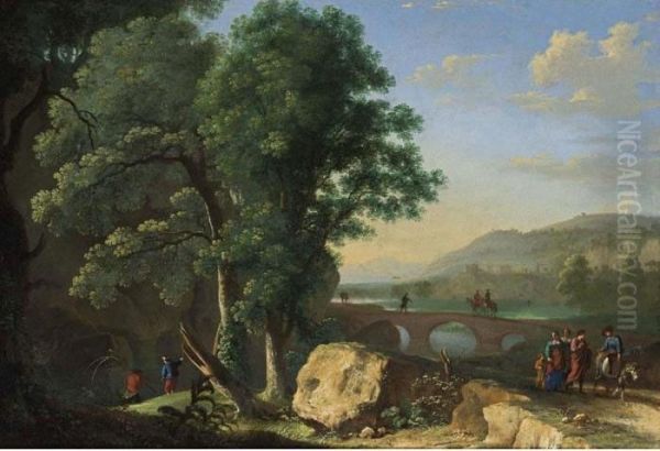 An Italianate Landscape With
Figures Together With A Man On A Donkey In The Foreground, Fishermen
Near A River, And Horsemen And Other Figures On A Bridge Beyond - view 1