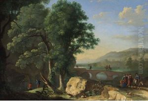 An Italianate Landscape With
Figures Together With A Man On A Donkey In The Foreground, Fishermen
Near A River, And Horsemen And Other Figures On A Bridge Beyond by Herman Van Swanevelt