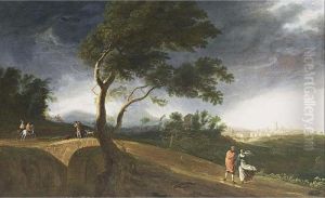 A Wooded Landscape In Stormy
Weather With Travellers On A Path, And Huntsmen And Horsemen On A
Bridge, A Fortified Town In The Distance by Herman Van Swanevelt