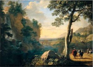 A Southern Landscape With A 
Fisherman And Figures Conversing On A Road Beside A Waterfall, A Hill 
Town Above And A Bridge Beyond