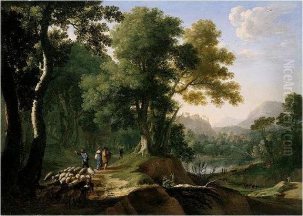 A Southern Landscape With
Travellers, A Drover And Sheep On A Track Above A Lake, A Hill-top Town
In The Distance - view 1