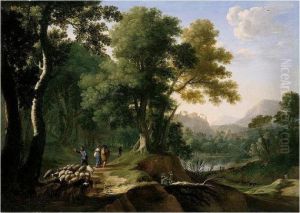 A Southern Landscape With
Travellers, A Drover And Sheep On A Track Above A Lake, A Hill-top Town
In The Distance by Herman Van Swanevelt