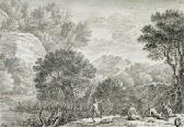 A Rocky Wooded Landscape With Satyrs - view 1