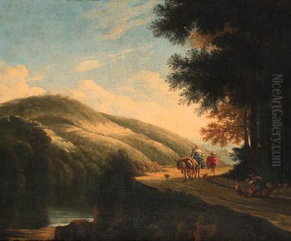 Muleteers On A Road By A River In An Italianate Landscape - view 1