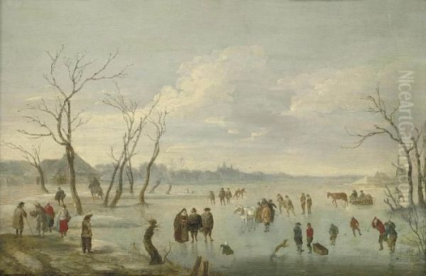 A Winter Landscape With Skaters And Kolf Players On A Frozenriver by Lucas Van Uden