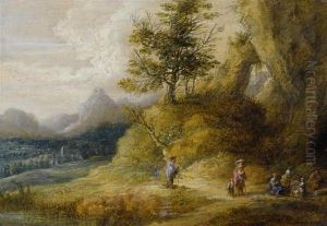 Broad Landscape With Travellers Near A Fire. by Lucas Van Uden