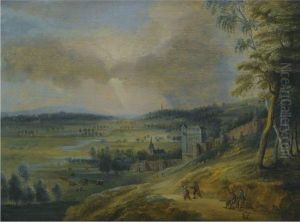 An Extensive Landscape With Figures On A Path To The Right, A Townbeyond by Lucas Van Uden