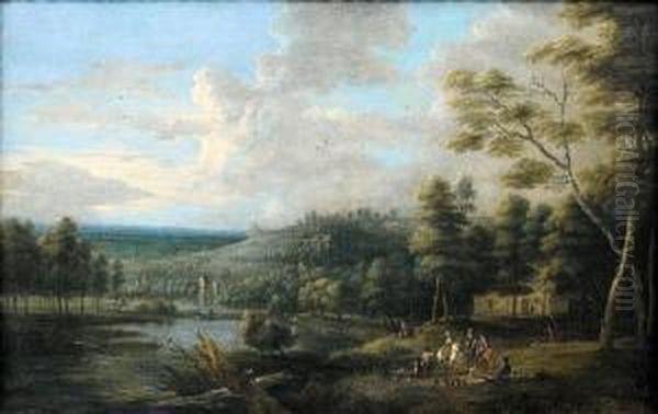 An Extensive Landscape With A Hawking Party Atthe Shores Of A Lake - view 1