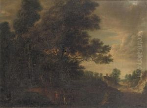Travellers On A Path In A Forest Landscape Travellers On A Path In A Forest Landscape