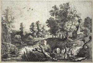 Bauern Mit Vieh In Der Nahe Eines Baches by Lucas Van Uden