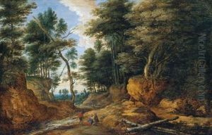 Paesaggio Boschivo Con Viandanti In Riposo Presso Un Torrente by Lucas Van Uden