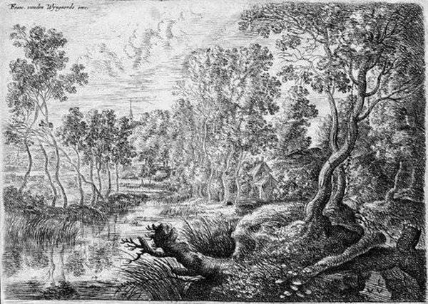 Landschaft Mit Einem Von Baumen Gesaumten Bach - view 1