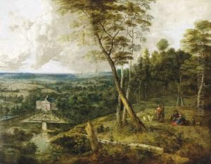 Landsce With Figures And Castle In The Valley by Lucas Van Uden