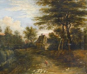 A Wooded Landscape With A Shepherd And His Flock On A Country Path A Wooded Landscape With A Shepherd And His Flock On A Country Path