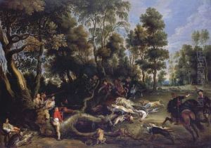 A Boar Hunt In A Wooded Landscape