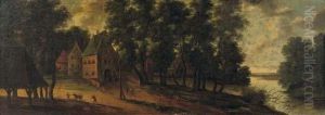 A Wooded Landscape With A Village And Travellers On A Path A Wooded Landscape With A Village And Travellers On A Path