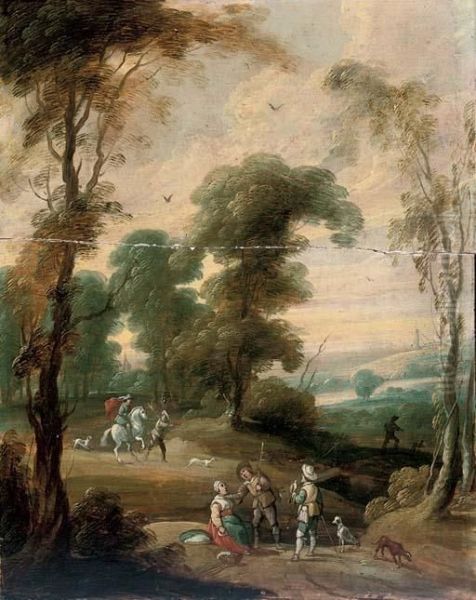 A Wooded Landscape With A Hawking Party On A Track - view 1