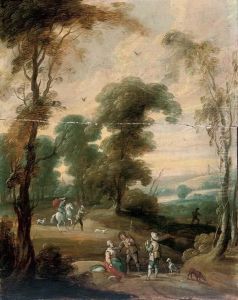A Wooded Landscape With A Hawking Party On A Track