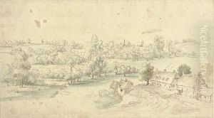 A Wooded Landscape With Houses On A Track by Lucas Van Uden